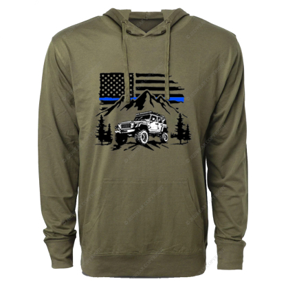 Jp Police Blue Line American Flag Mountains Silhouette Jp Oversized Lightweight Hoodie