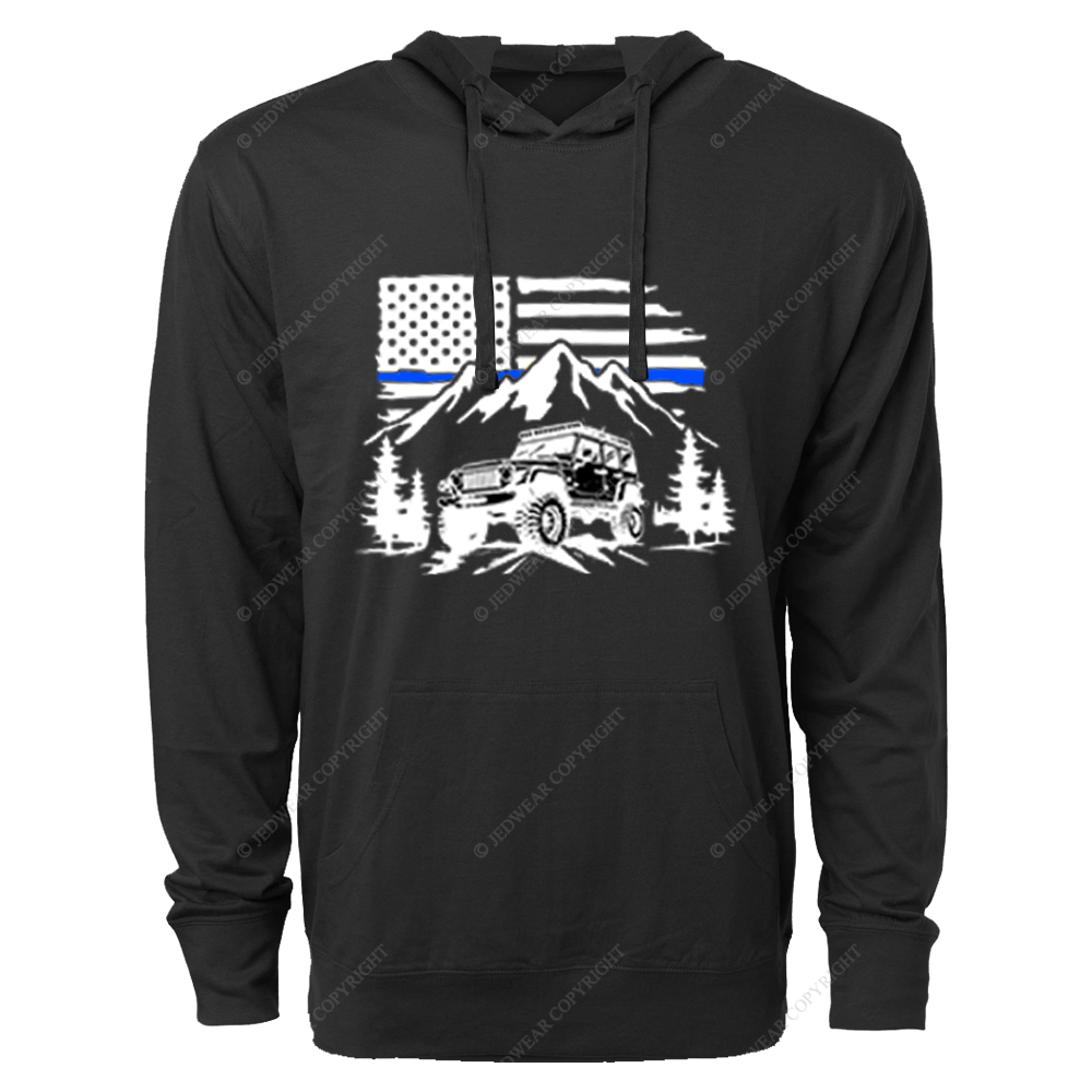 Jp Police Blue Line American Flag Mountains Silhouette Jp Oversized Lightweight Hoodie
