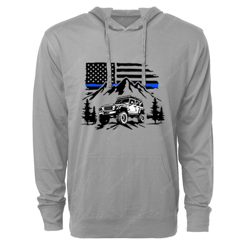 Jp Police Blue Line American Flag Mountains Silhouette Jp Oversized Lightweight Hoodie
