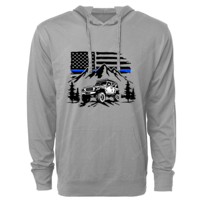 Jp Police Blue Line American Flag Mountains Silhouette Jp Oversized Lightweight Hoodie