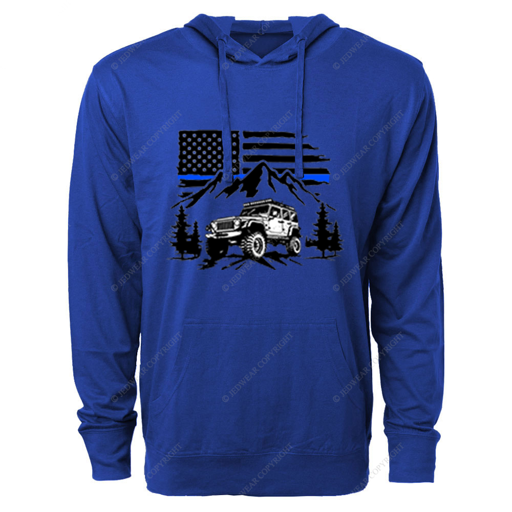 Jp Police Blue Line American Flag Mountains Silhouette Jp Oversized Lightweight Hoodie