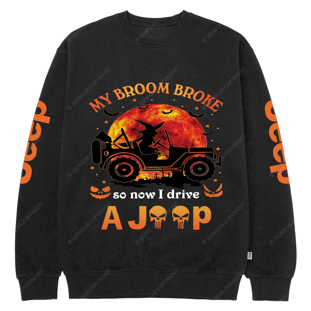 Halloween Pumpkin Bat My Broom Broke So Now I Drive A Car Jp Crew Neck Sweatshirt