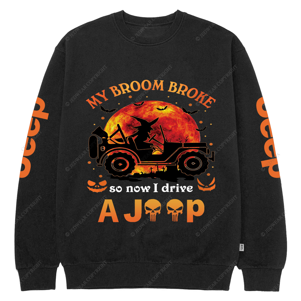 Halloween Pumpkin Bat My Broom Broke So Now I Drive A Car Jp Crew Neck Sweatshirt
