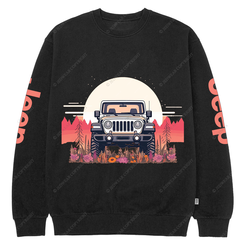 A Close Up Of A Car Parked In A Field With Trees Jp Crew Neck Sweatshirt