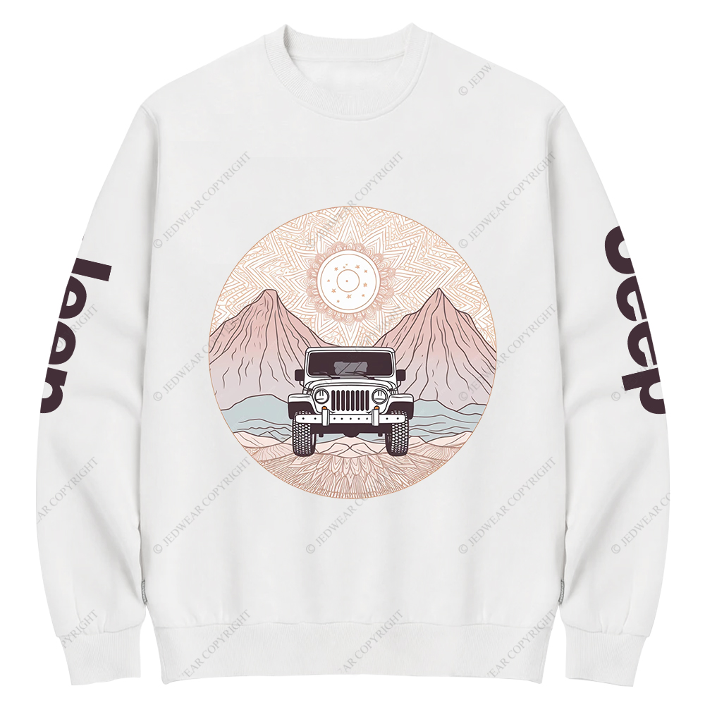 There Is A Car Driving Through A Desert With Mountains Jp Crew Neck Sweatshirt
