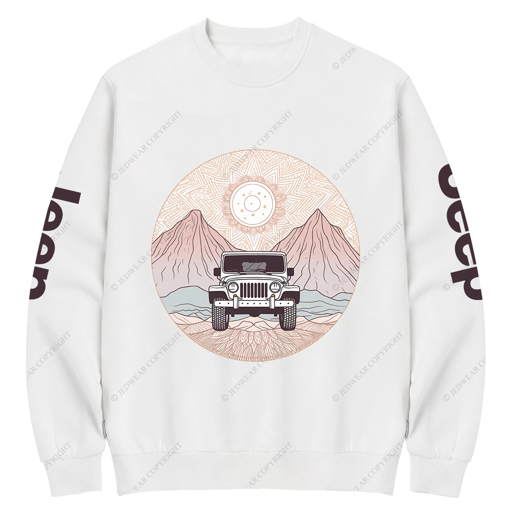 There Is A Car Driving Through A Desert With Mountains Jp Crew Neck Sweatshirt