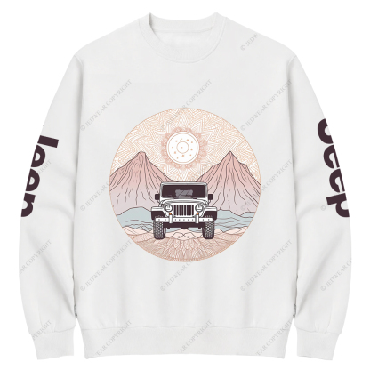 There Is A Car Driving Through A Desert With Mountains Jp Crew Neck Sweatshirt