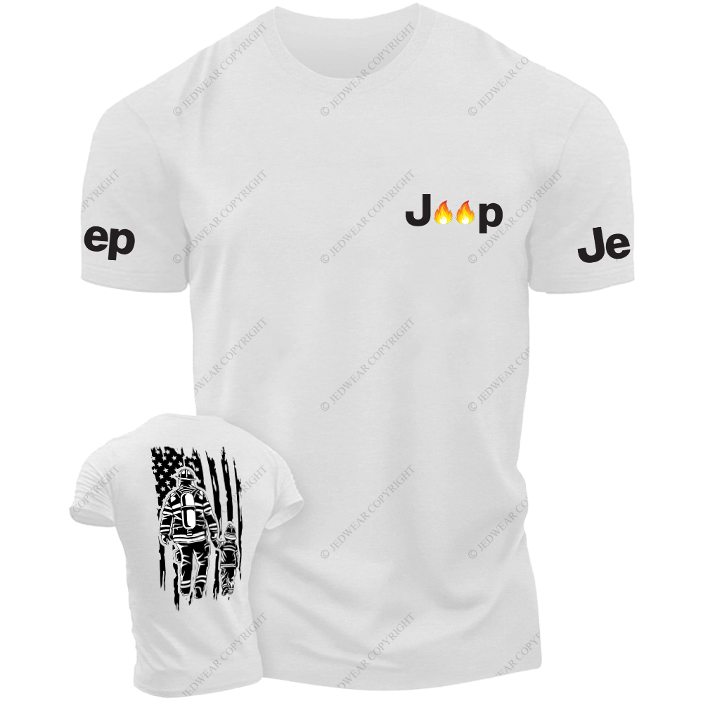Back View Of Firefighters And Children Walking Out Of The Fire JP T-Shirt