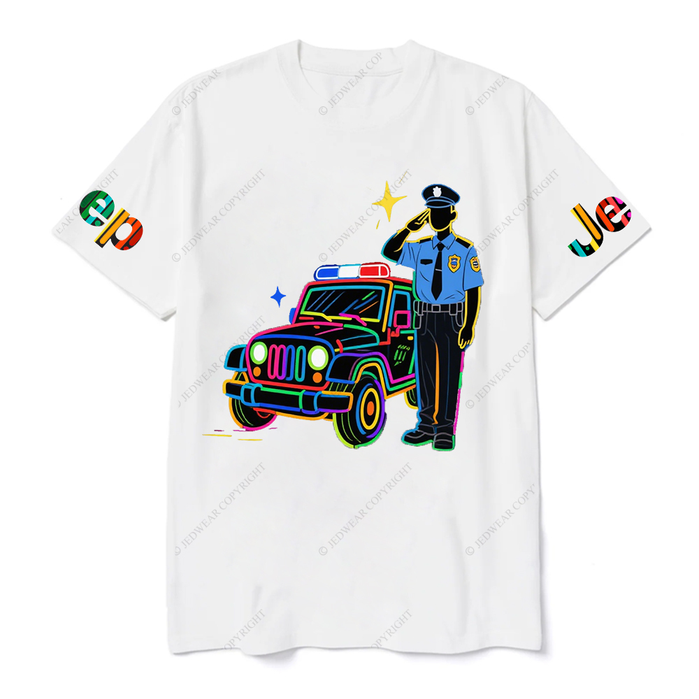 Policeman Saluting Next To Police Car Star JP T-Shirt