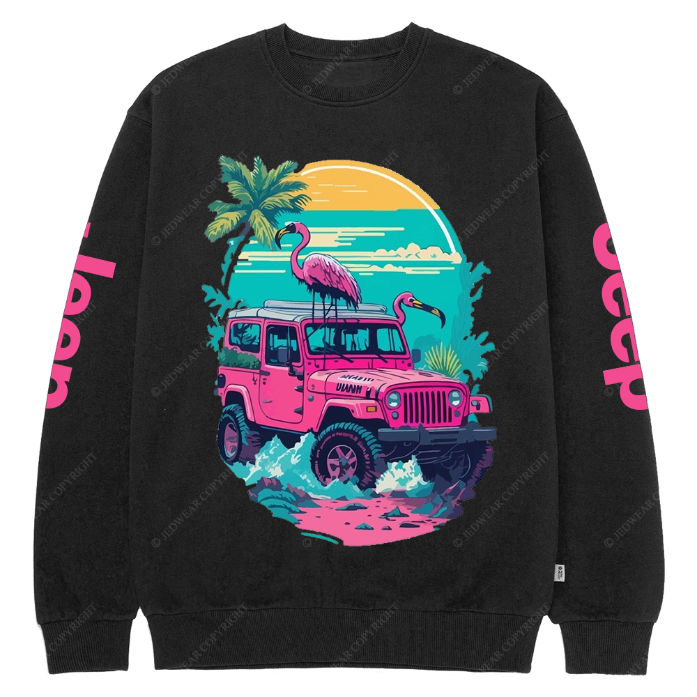 Pink Off-Road And Pink Swan Flamingo On The Seashore Jp Crew Neck Sweatshirt