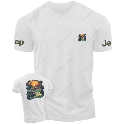Four-Wheeled Vehicle Driving In Water Sunset Palm Trees Stones JP T-Shirt