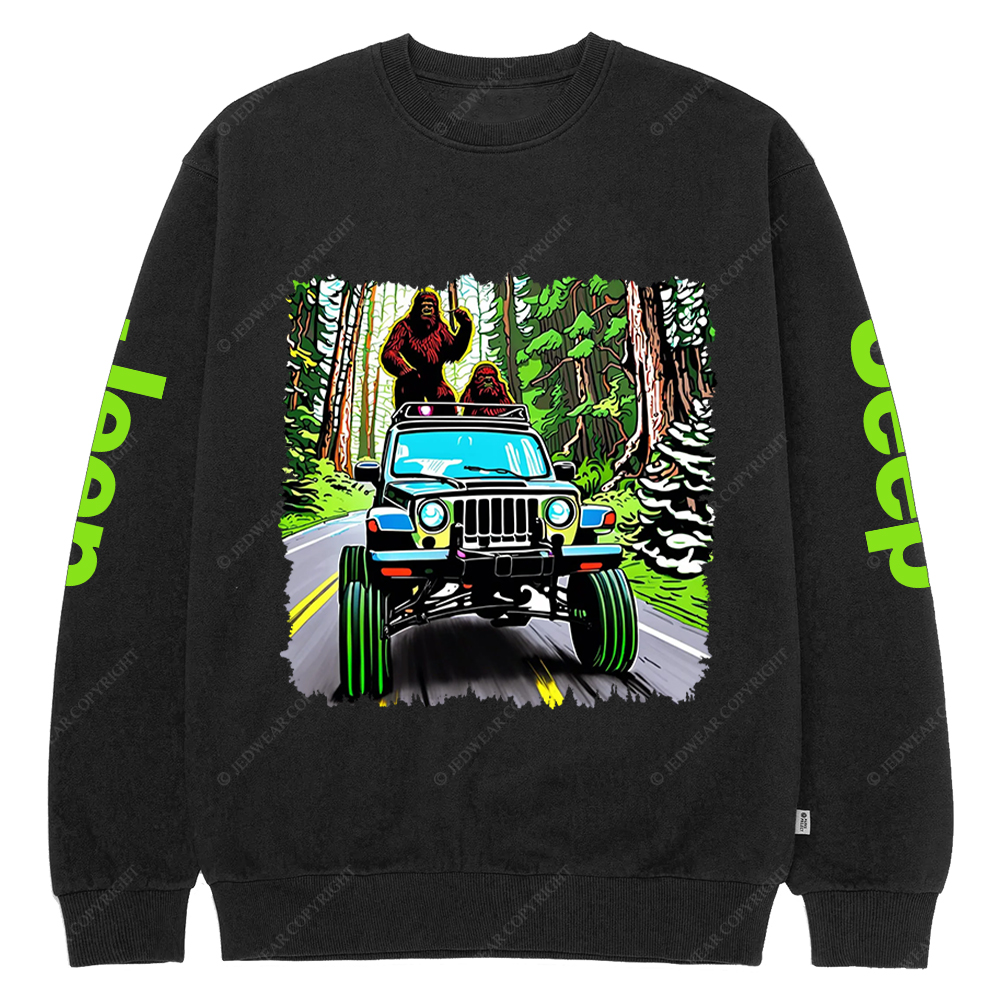 Sasquatch Driving A White 1982  Renegade In A Neon Forest Jp Crew Neck Sweatshirt