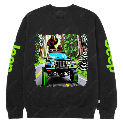 Sasquatch Driving A White 1982  Renegade In A Neon Forest Jp Crew Neck Sweatshirt