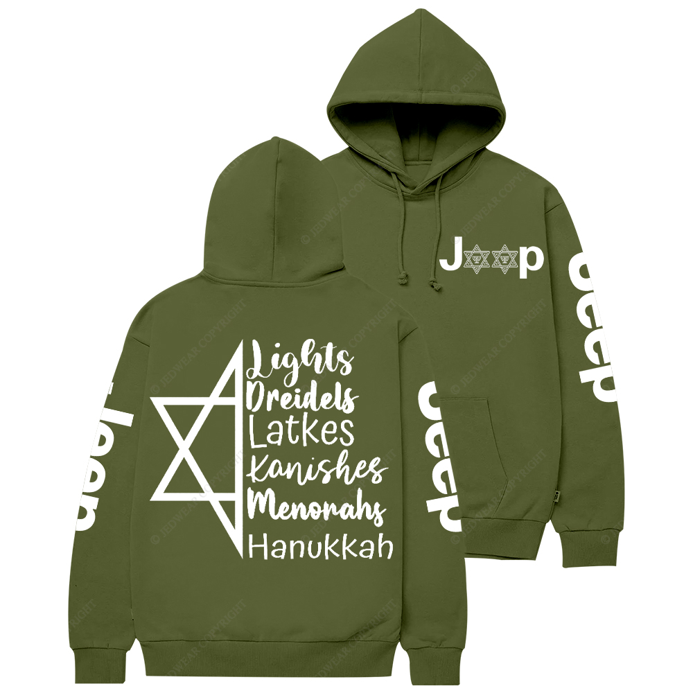 Religion Judaism Lights Dreidels Latkes Kanishes Menorahs Hanukkah Jp Casual Hoodie