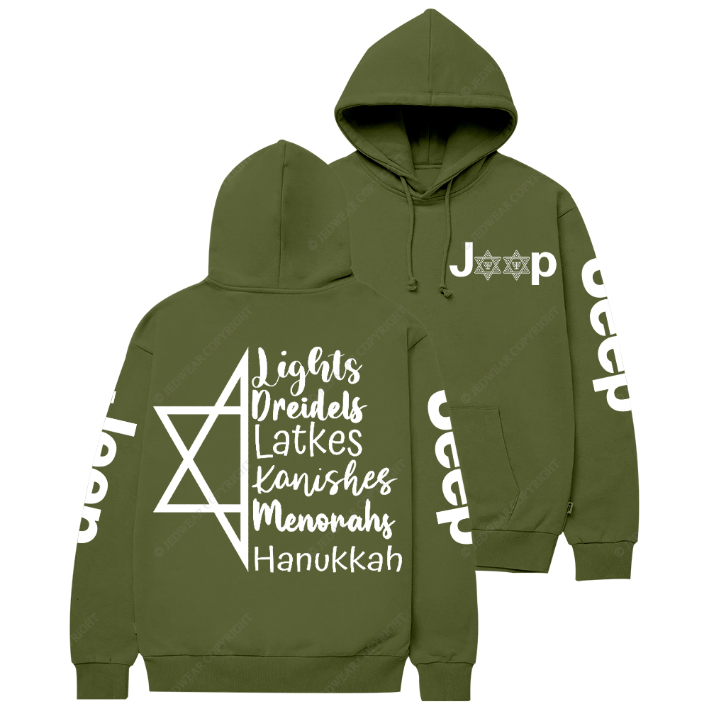 Religion Judaism Lights Dreidels Latkes Kanishes Menorahs Hanukkah Jp Casual Hoodie