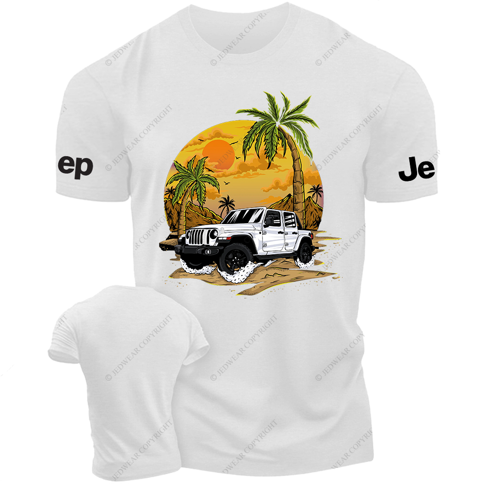 White Car Sun Mountain Coconut Trees Jp T-Shirt