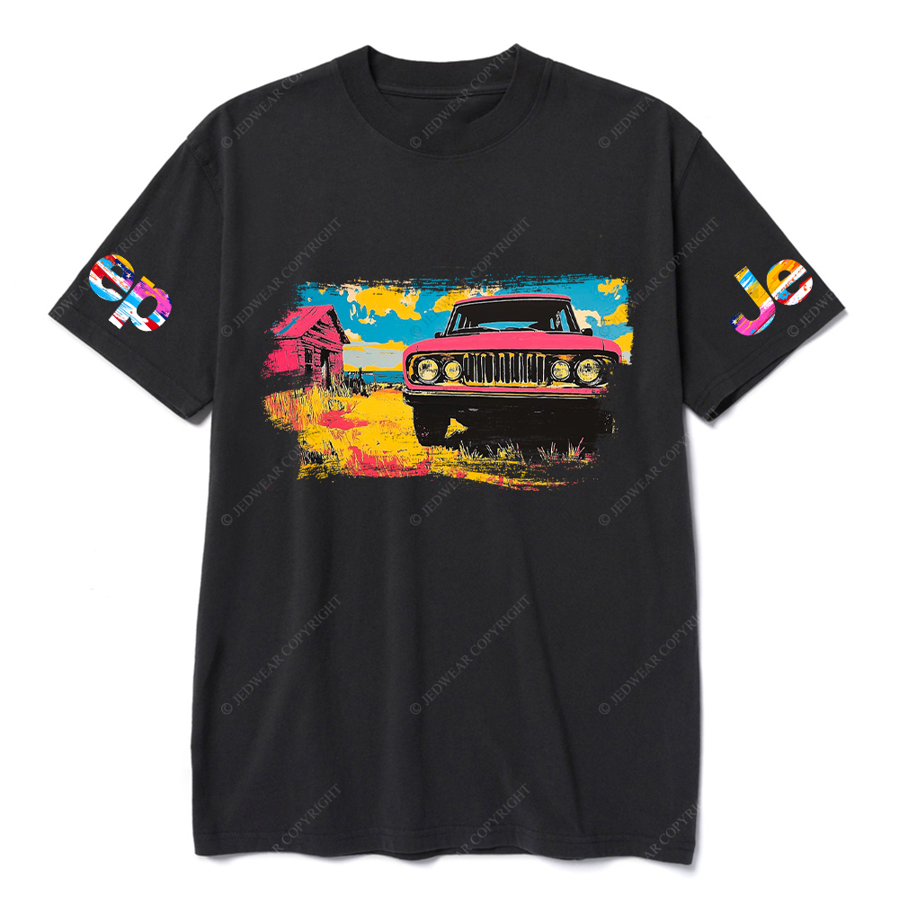 Vibrant Pink Car in a Colorful Landscape Jp T-Shirt