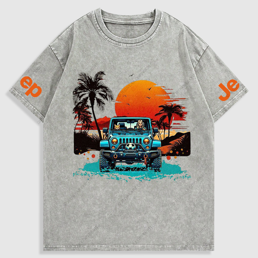Woman Cat Sunset Beach Seaside Washed T-Shirt