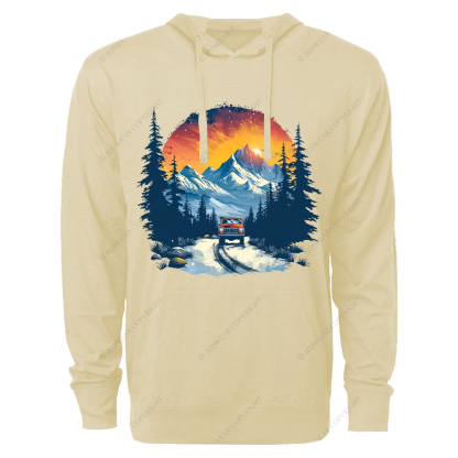 Red Car Is Driving Down A Road In The Mountains Jp Oversized Lightweight Hoodie