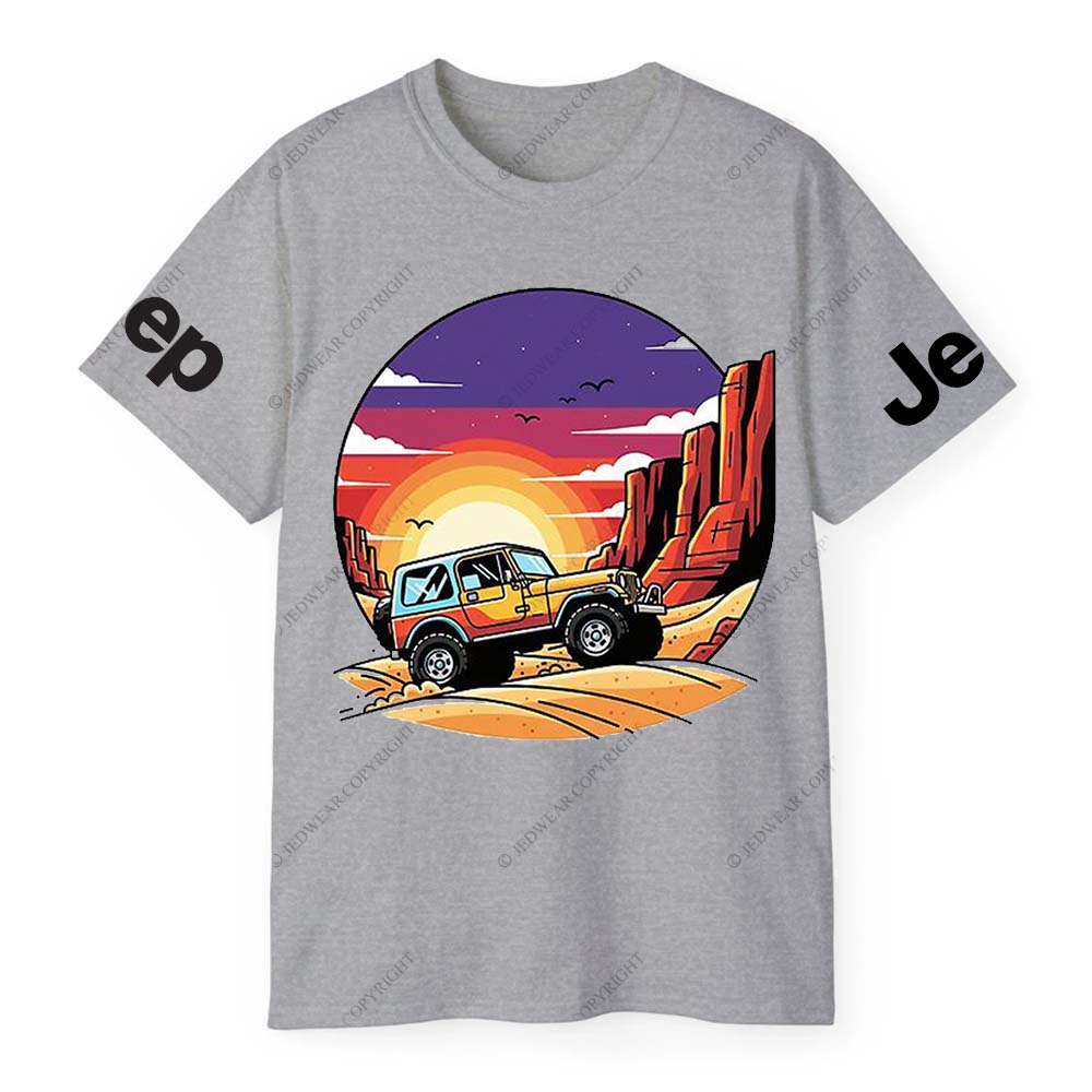 Gray Short-sleeved T-shirt with Pattern of Adventurous Sunset Canyon and Jp T-Shirt