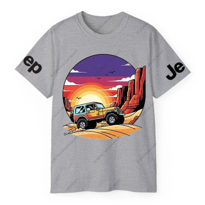 Gray Short-sleeved T-shirt with Pattern of Adventurous Sunset Canyon and Jp T-Shirt