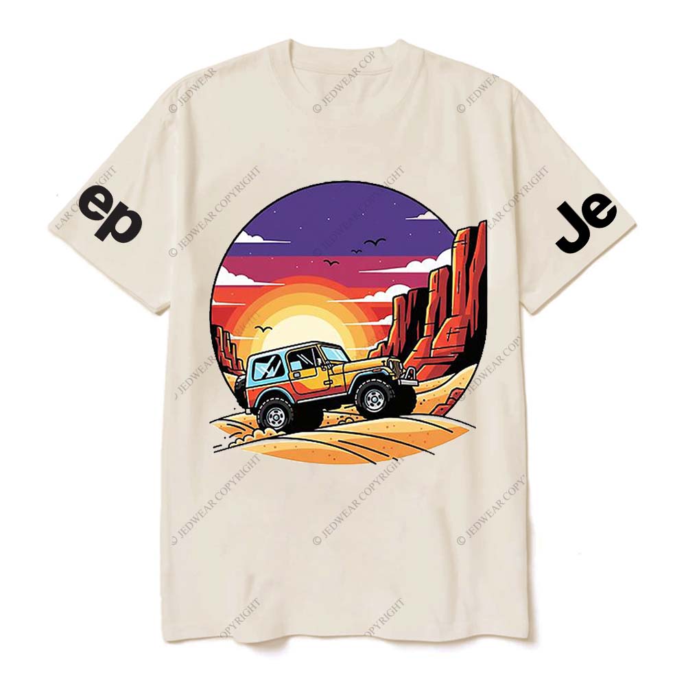 Gray Short-sleeved T-shirt with Pattern of Adventurous Sunset Canyon and Jp T-Shirt