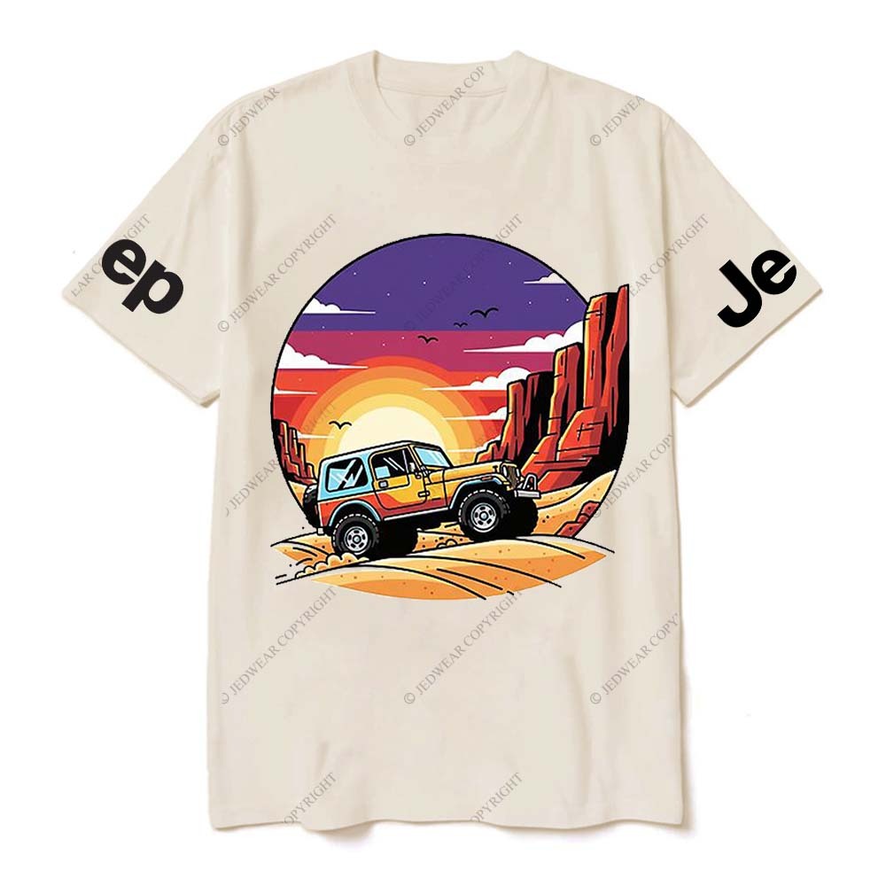 Gray Short-sleeved T-shirt with Pattern of Adventurous Sunset Canyon and Jp T-Shirt