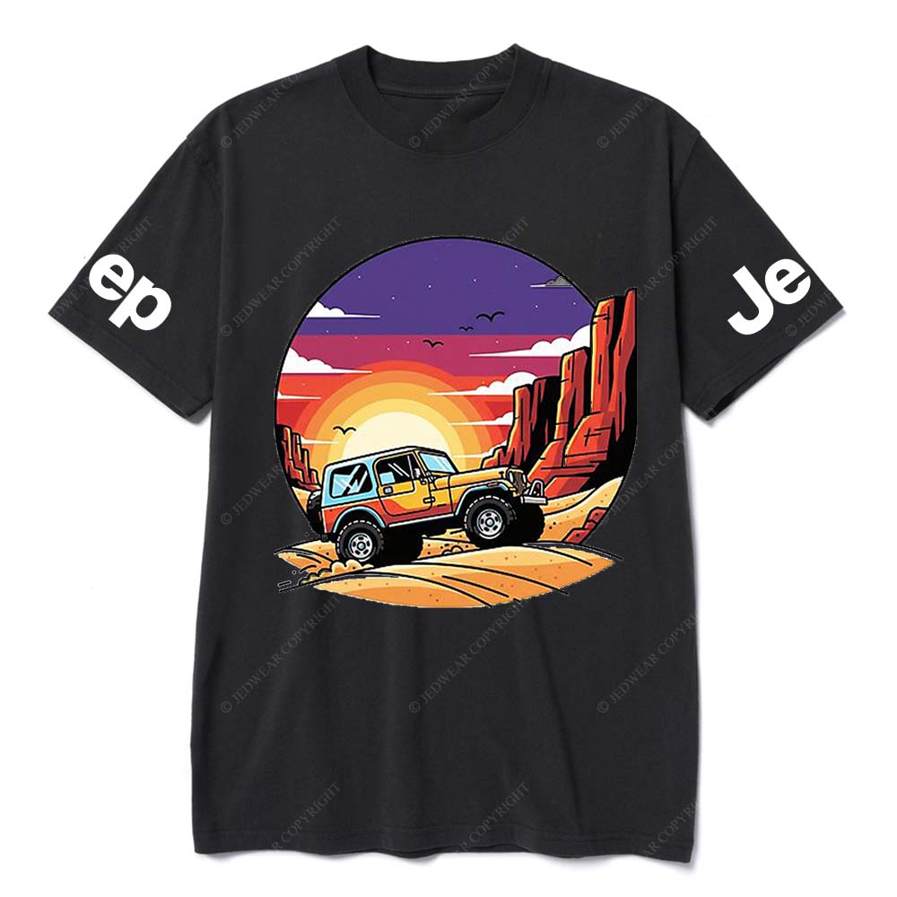 Gray Short-sleeved T-shirt with Pattern of Adventurous Sunset Canyon and Jp T-Shirt