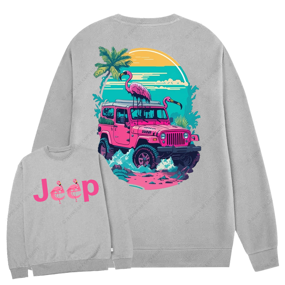 Pink Off-Road And Pink Swan Flamingo On The Seashore Front And Rear Design Jp Crew Neck Sweatshirt