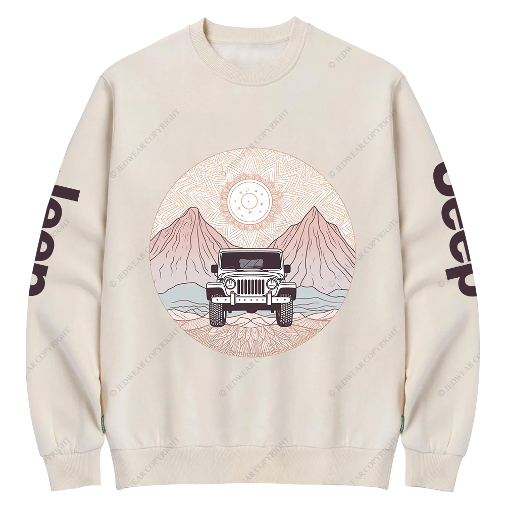 There Is A Car Driving Through A Desert With Mountains Jp Crew Neck Sweatshirt
