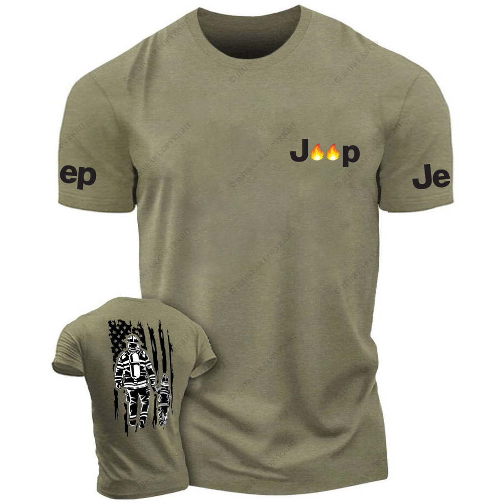 Back View Of Firefighters And Children Walking Out Of The Fire JP T-Shirt