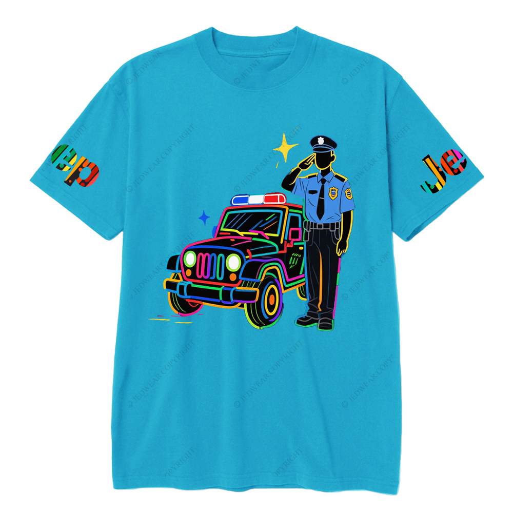 Policeman Saluting Next To Police Car Star JP T-Shirt