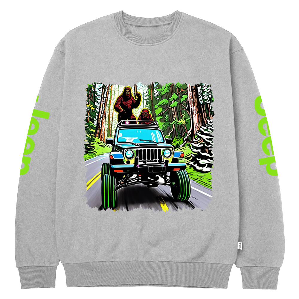 Sasquatch Driving A White 1982  Renegade In A Neon Forest Jp Crew Neck Sweatshirt