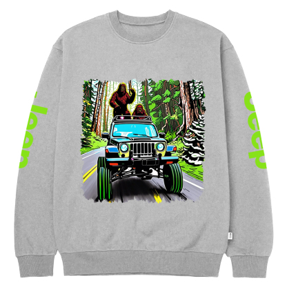 Sasquatch Driving A White 1982  Renegade In A Neon Forest Jp Crew Neck Sweatshirt