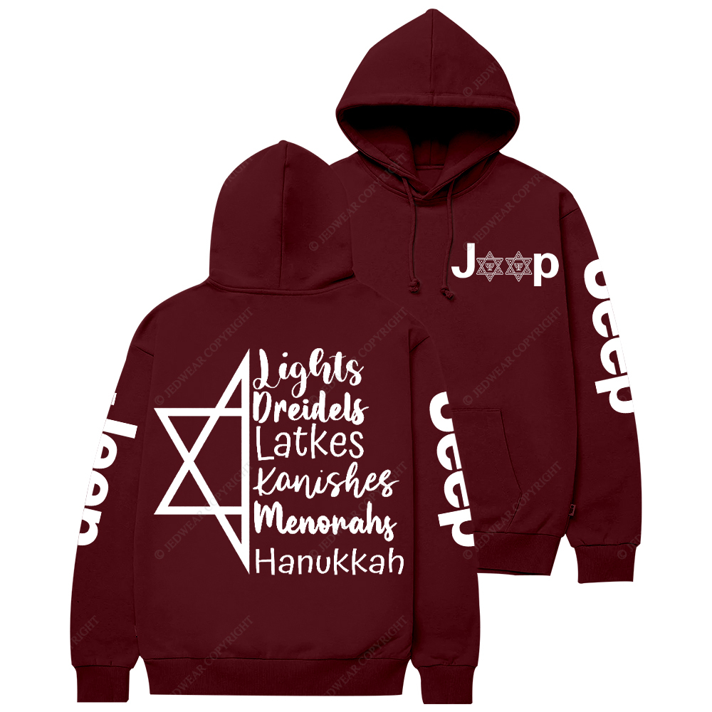 Religion Judaism Lights Dreidels Latkes Kanishes Menorahs Hanukkah Jp Casual Hoodie