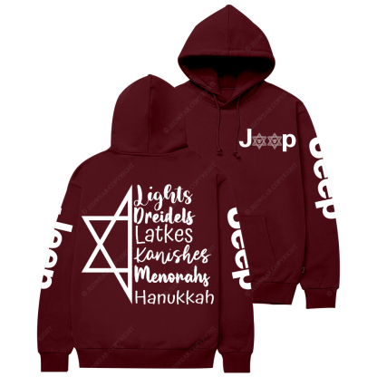 Religion Judaism Lights Dreidels Latkes Kanishes Menorahs Hanukkah Jp Casual Hoodie