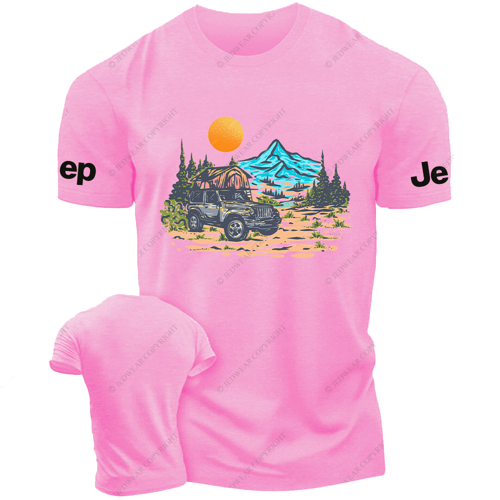 Mountains Trees Sunset Water Line Art Jp T-Shirt