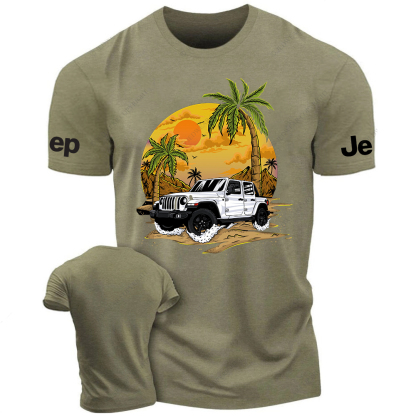 White Car Sun Mountain Coconut Trees Jp T-Shirt