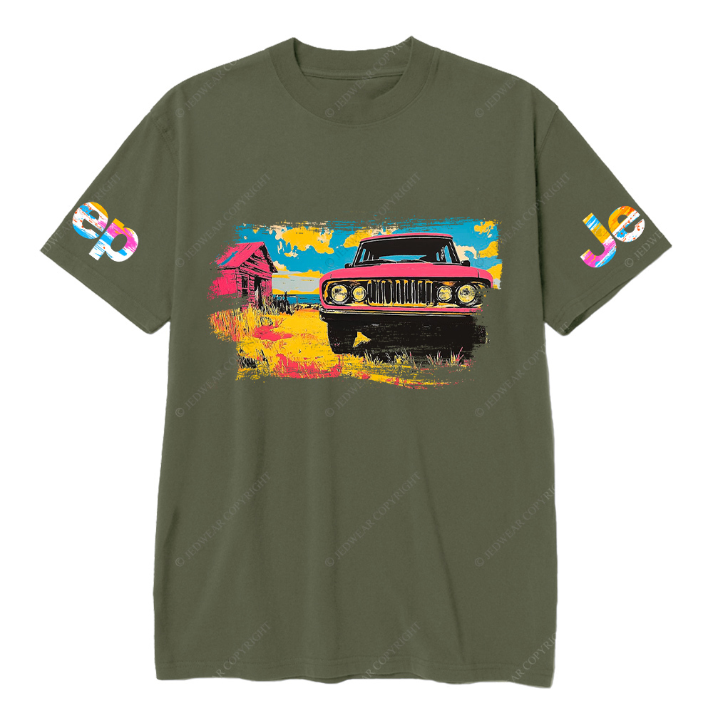 Vibrant Pink Car in a Colorful Landscape Jp T-Shirt