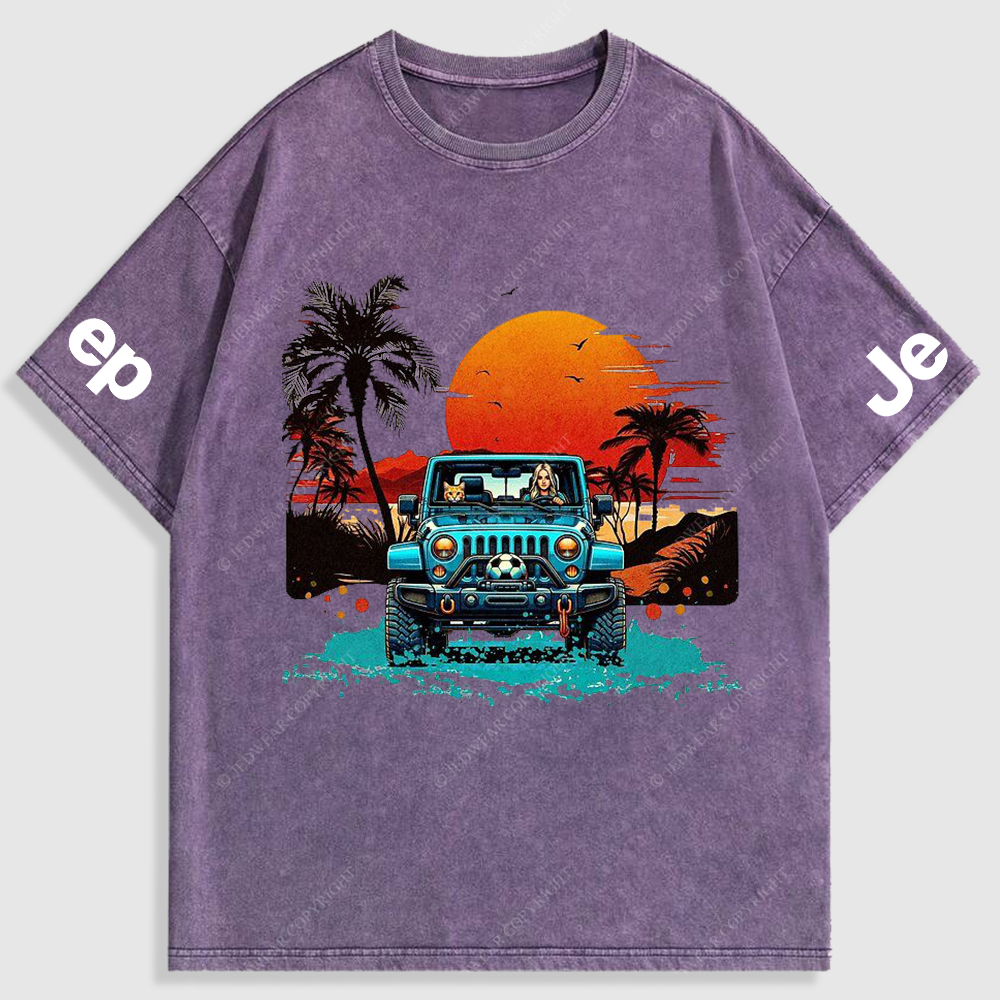 Woman Cat Sunset Beach Seaside Washed T-Shirt