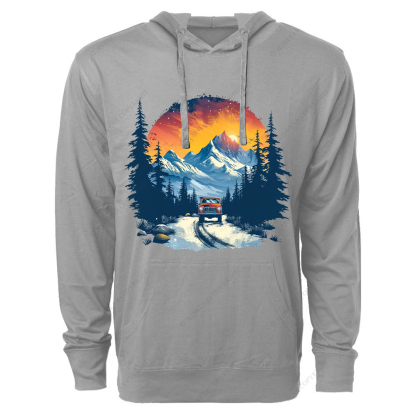 Red Car Is Driving Down A Road In The Mountains Jp Oversized Lightweight Hoodie