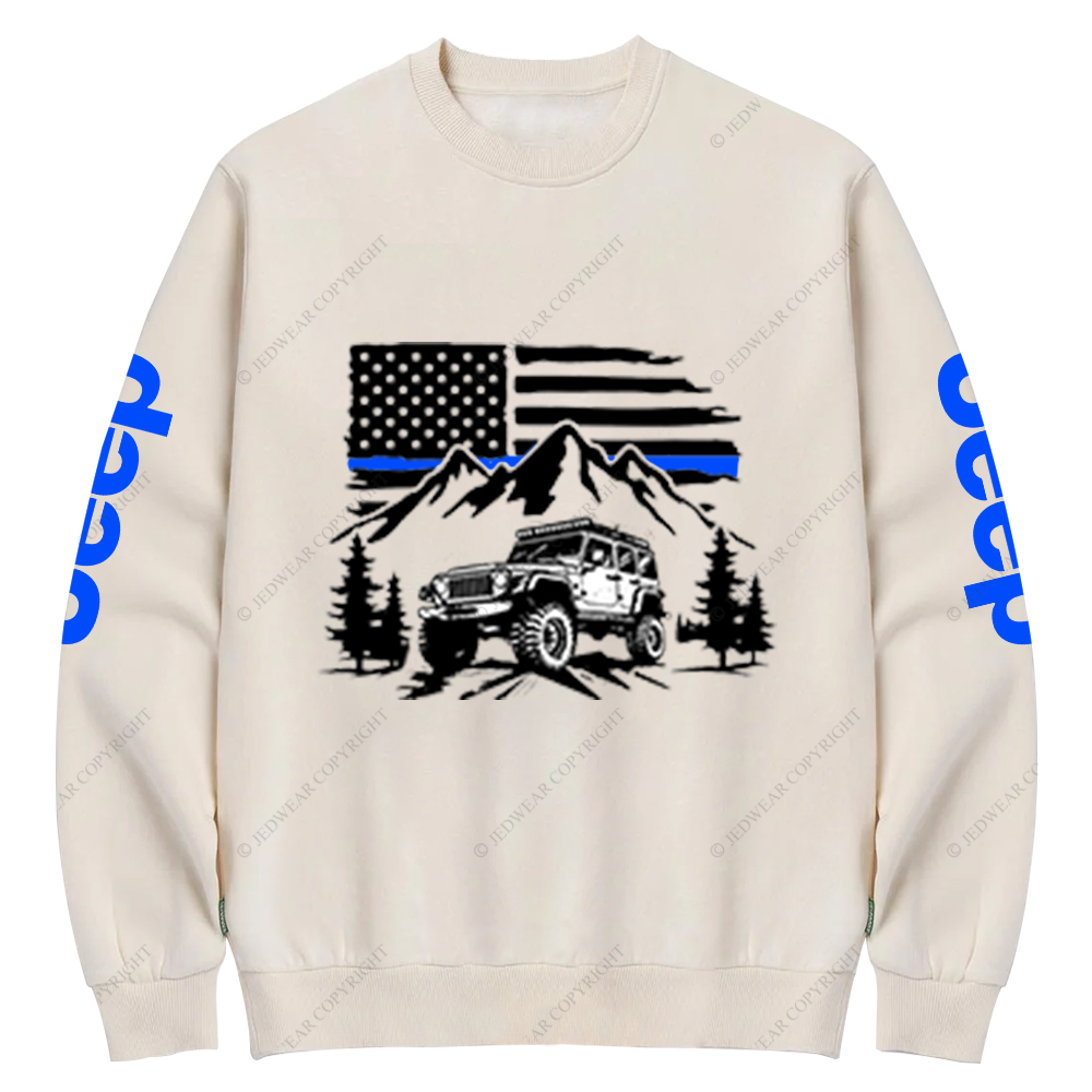 Jp Police Blue Line American Flag Mountains Silhouette Jp Crew Neck Sweatshirt