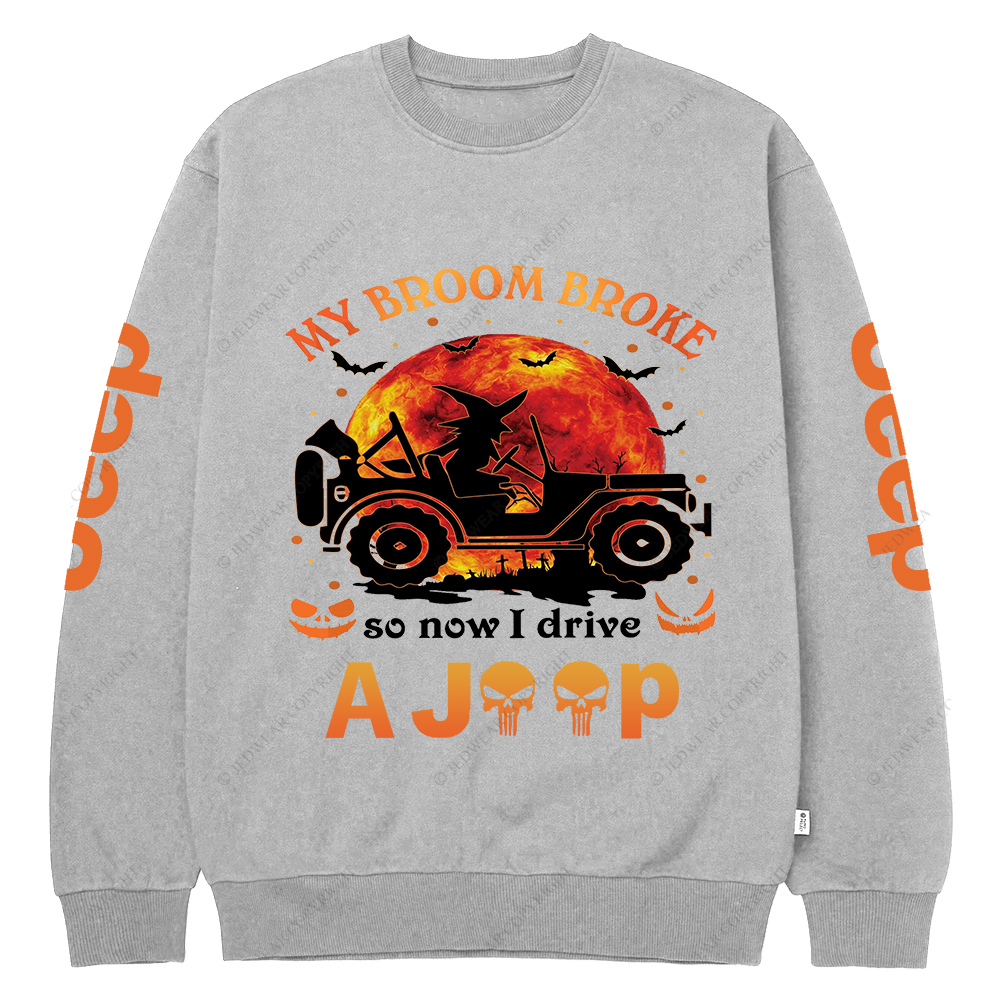 Halloween Pumpkin Bat My Broom Broke So Now I Drive A Car Jp Crew Neck Sweatshirt