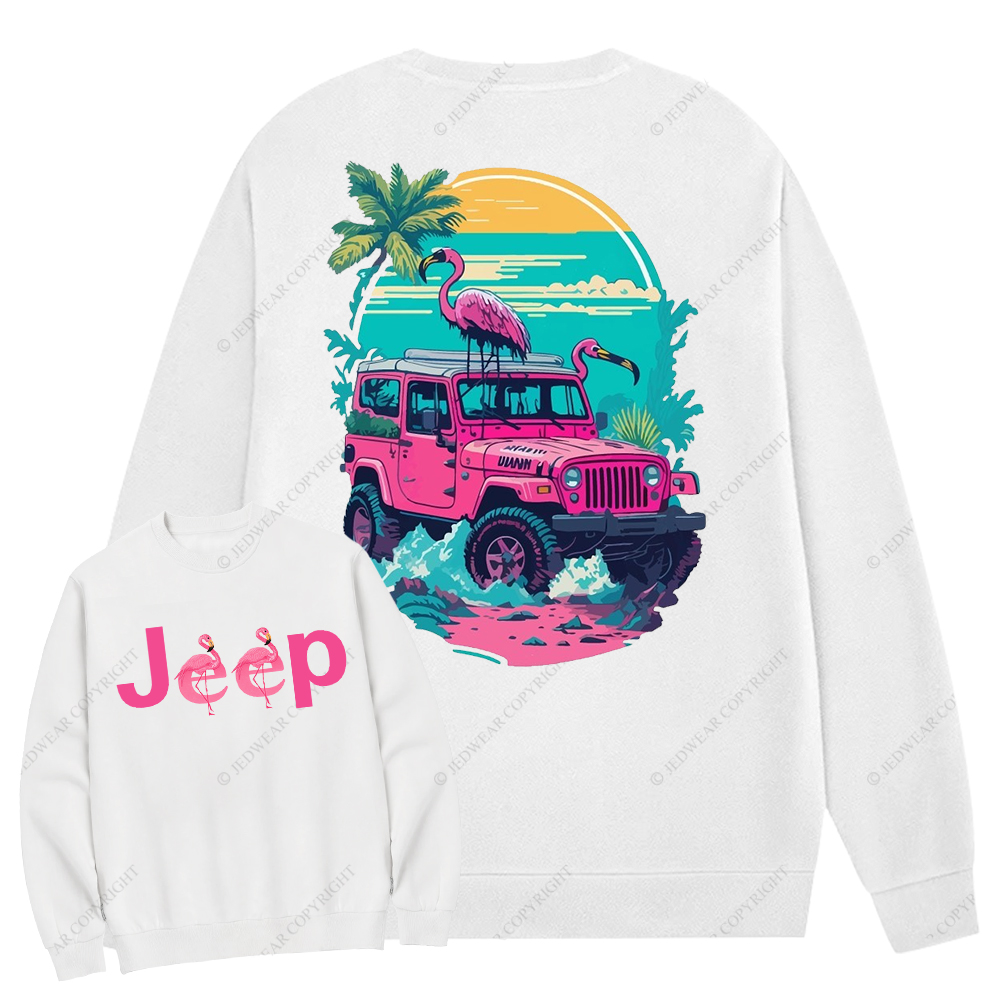Pink Off-Road And Pink Swan Flamingo On The Seashore Front And Rear Design Jp Crew Neck Sweatshirt