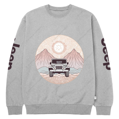 There Is A Car Driving Through A Desert With Mountains Jp Crew Neck Sweatshirt