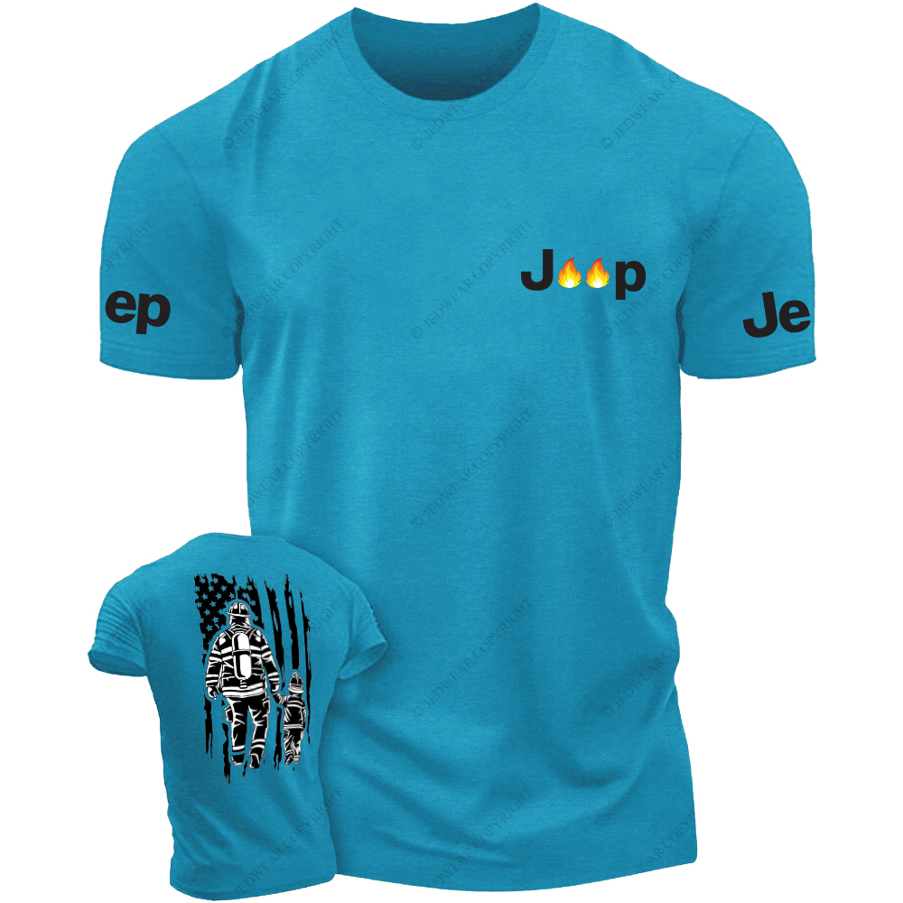 Back View Of Firefighters And Children Walking Out Of The Fire JP T-Shirt
