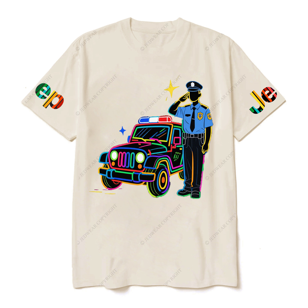 Policeman Saluting Next To Police Car Star JP T-Shirt