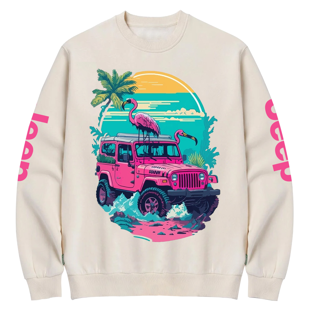 Pink Off-Road And Pink Swan Flamingo On The Seashore Jp Crew Neck Sweatshirt