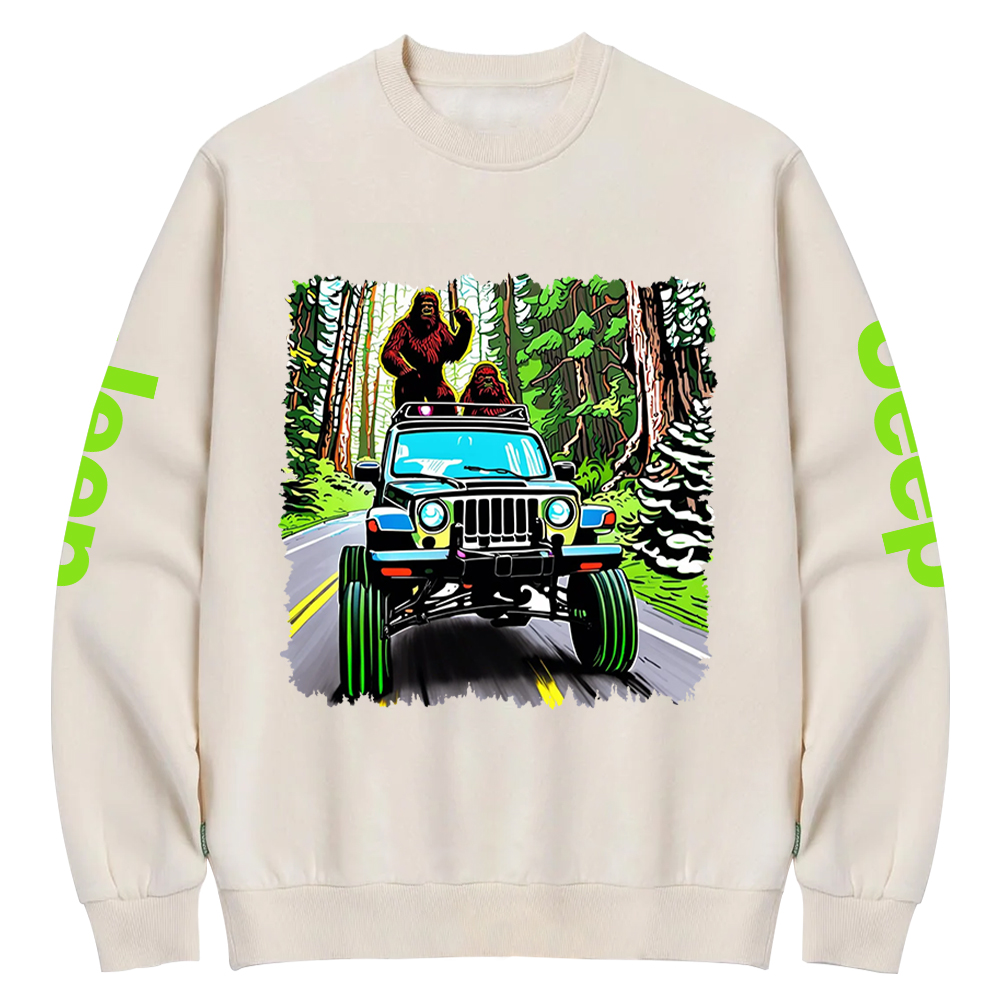 Sasquatch Driving A White 1982  Renegade In A Neon Forest Jp Crew Neck Sweatshirt