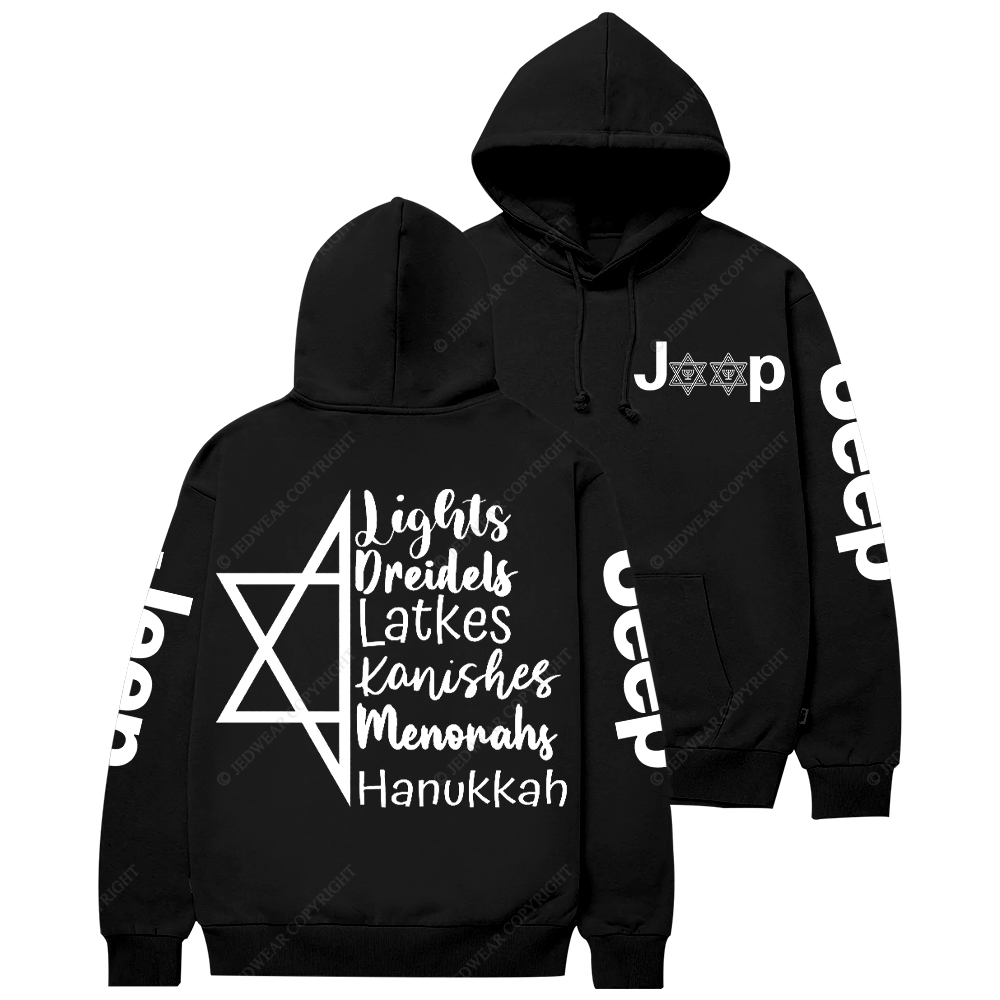 Religion Judaism Lights Dreidels Latkes Kanishes Menorahs Hanukkah Jp Casual Hoodie